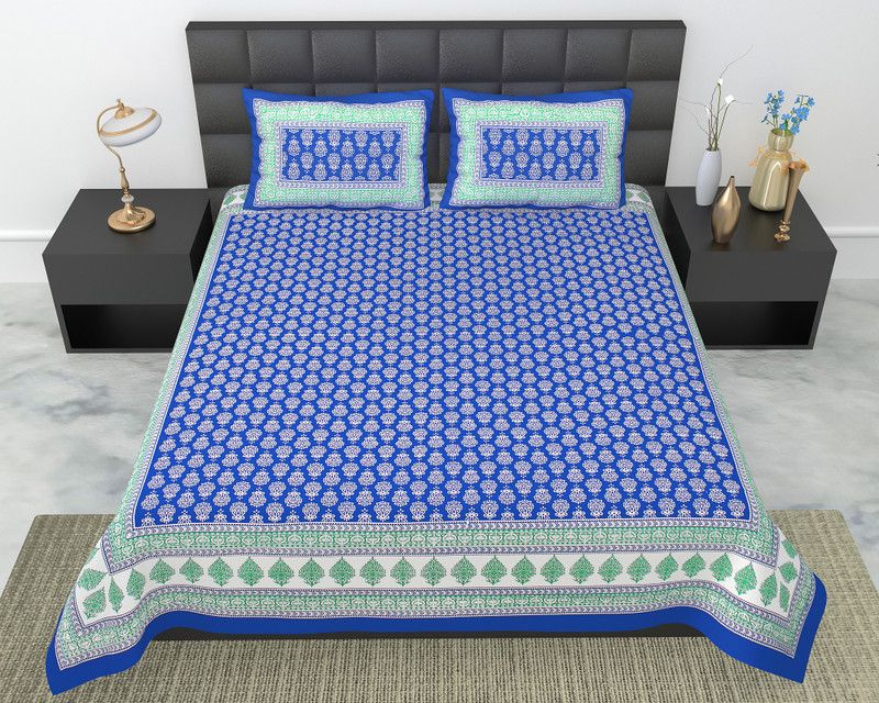 RAMOLI 144 TC Cotton Double Printed Flat Bedsheet  (Pack of 1, Blue)