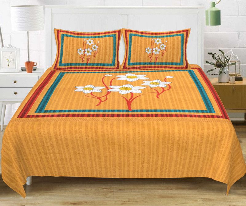 DJ 144 TC Cotton Double Floral Flat Bedsheet  (Pack of 1, Yellow)