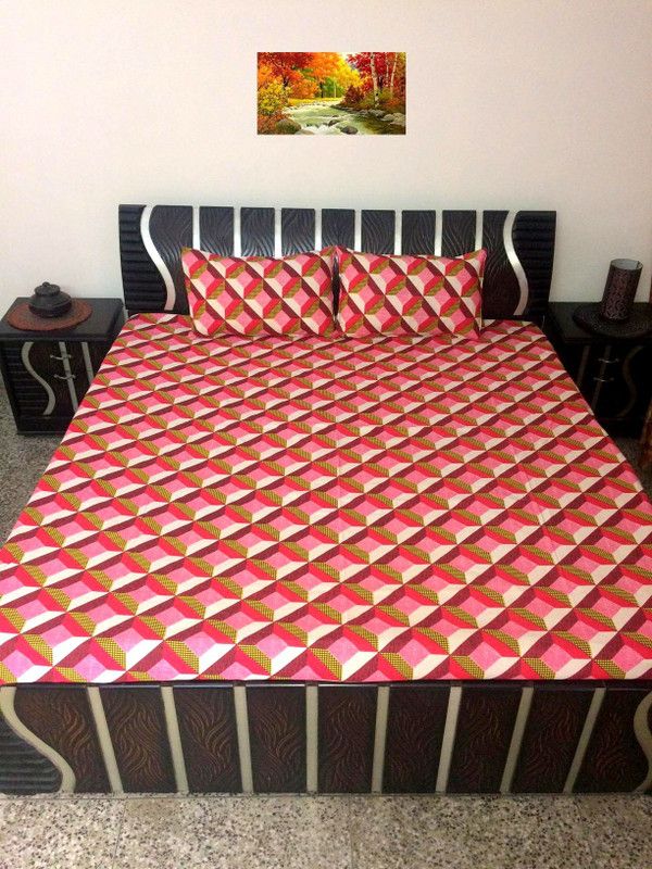 A&H 300 TC Cotton Double Printed Fitted (Elastic) Bedsheet  (Pack of 1, Red)