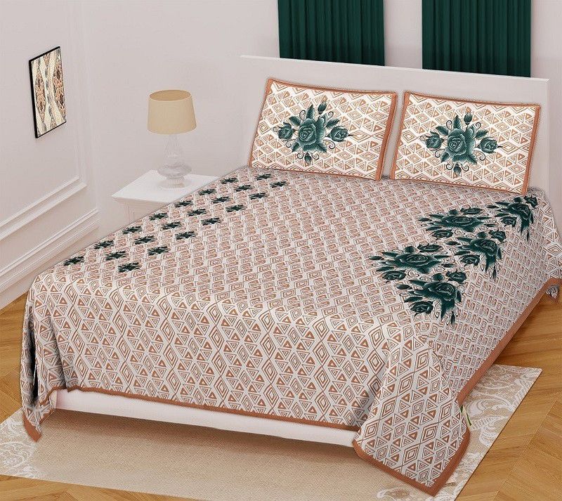 tripati sanganeri prints 104 TC Cotton Double Printed Flat Bedsheet  (Pack of 1, Brown, White)