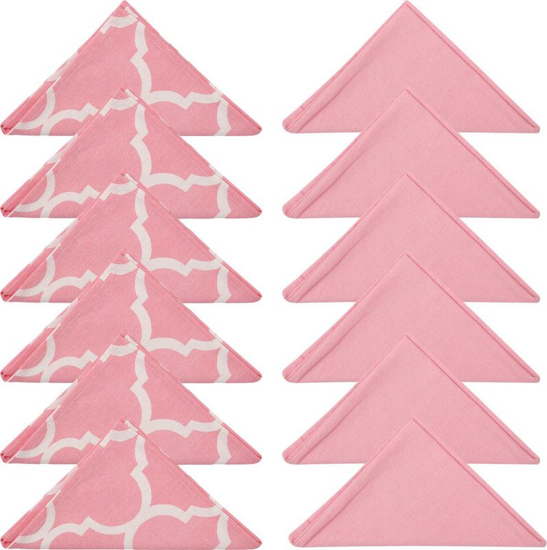 Dekor World Cotton Ogee Printed and Solid Pink Cloth Napkins  (12 Sheets)