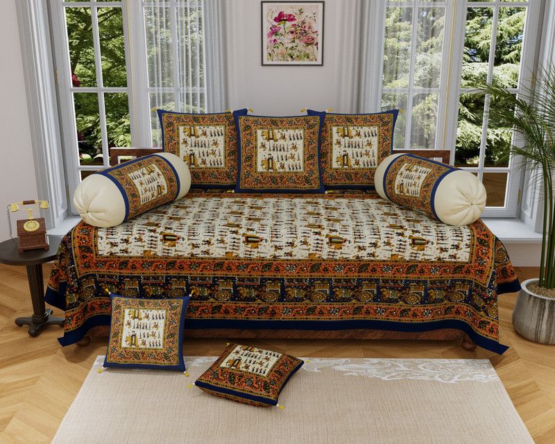 trency Cotton Floral Diwan Set  (Blue)