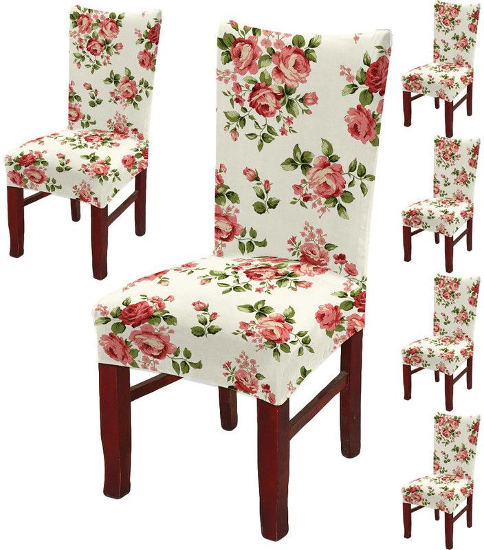 DECORIAN Polycotton Floral Chair Cover  (White, Red Pack of 6)