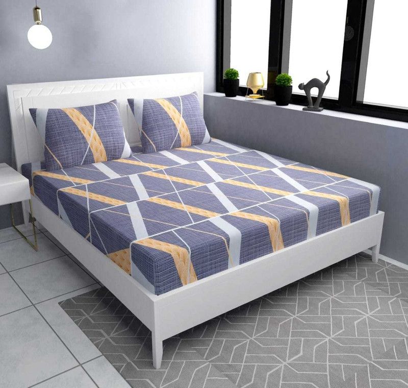 luxxybliss 250 TC Cotton King Printed Fitted (Elastic) Bedsheet  (Pack of 1, Blue)
