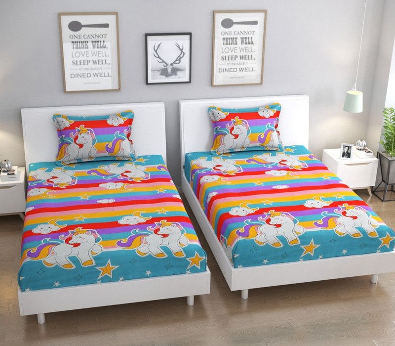 180 TC Microfiber Single Bedsheet  (Pack of 2, Unicorn Moon)
