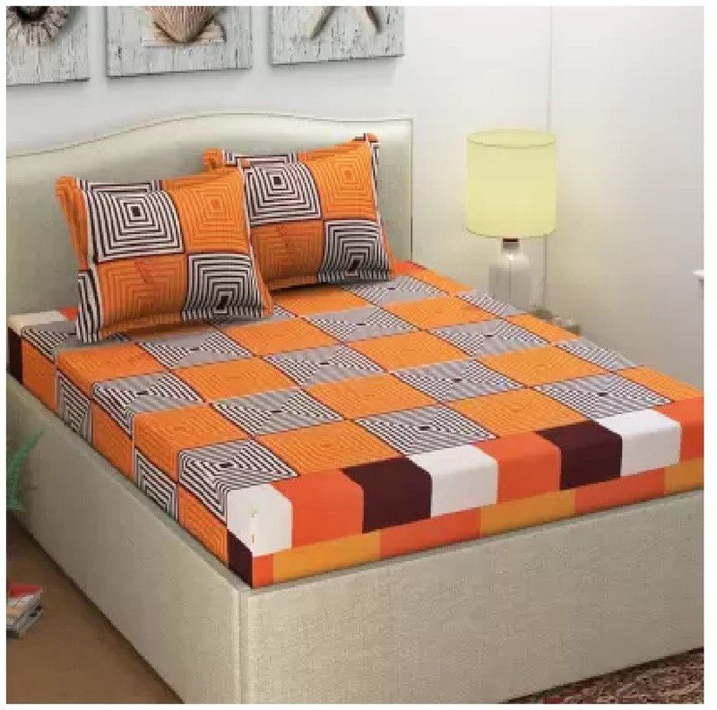 Home Readiness 140 TC Polycotton Double Printed Flat Bedsheet  (Pack of 3, Orange)