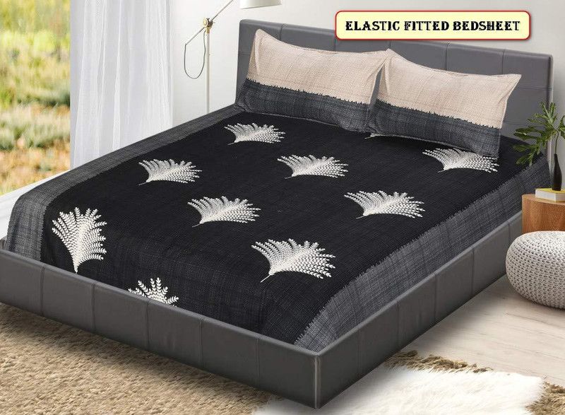 EPRR 240 TC Microfiber King Jaipuri Prints Fitted (Elastic) Bedsheet  (Pack of 1, Black)