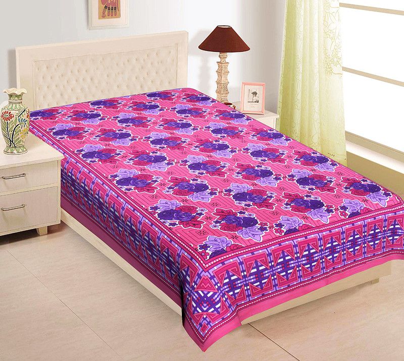 Go Texstylers 144 TC Cotton Single Jaipuri Prints Flat Bedsheet  (Pack of 1, Rani Pink)