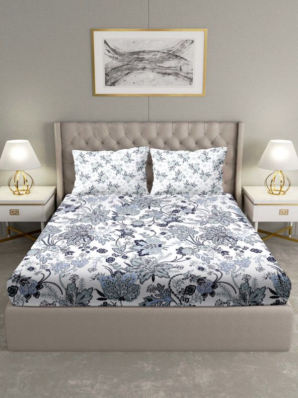 BELLA CASA 160 TC Cotton King Floral Flat Bedsheet  (Pack of 1, Grey)