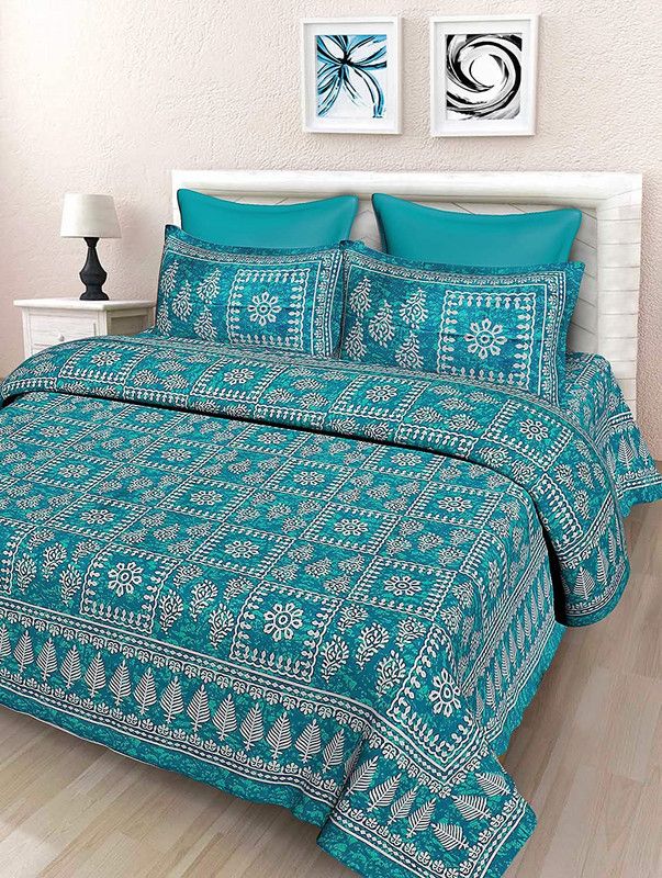 mohit creation 235 TC Cotton King Printed Flat Bedsheet  (Pack of 1, Gold Blue, White, Blue)