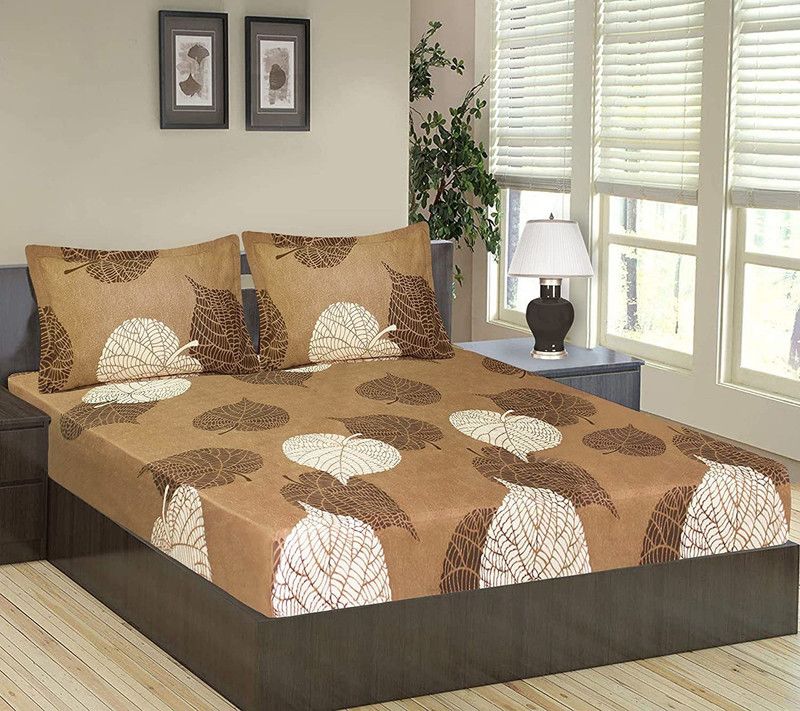 igi 144 TC Microfiber Queen Floral Fitted (Elastic) Bedsheet  (Pack of 1, Brown)