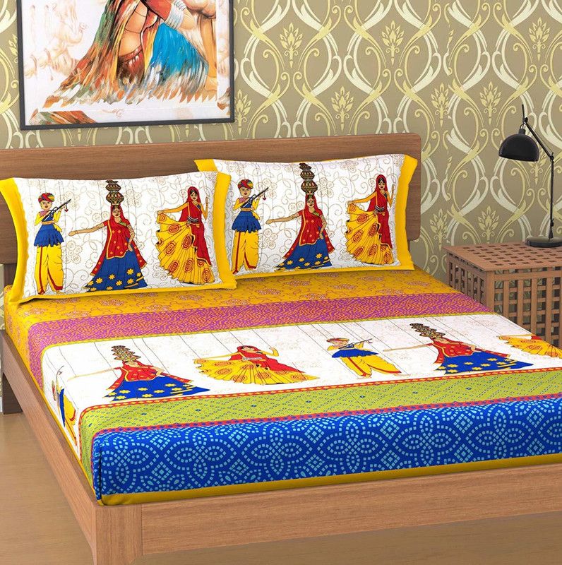 MAGITEXT 180 TC Cotton Double Jaipuri Prints Flat Bedsheet  (Pack of 1, Yellow)