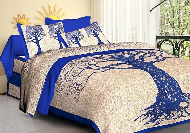Plethora 151 TC Cotton Double Jaipuri Prints Flat Bedsheet  (Pack of 3, Blue)