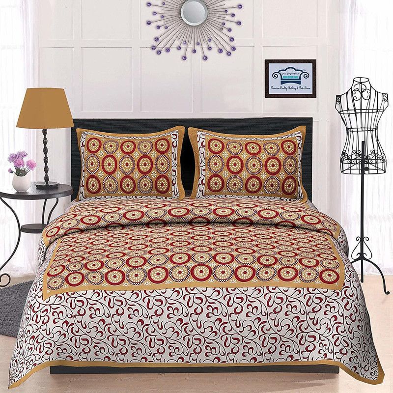 G Craft 144 TC Cotton Double Jaipuri Prints Flat Bedsheet  (Pack of 1, Brown)