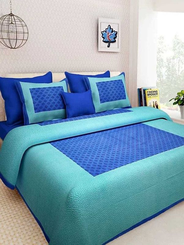 sai kripa 210 TC Cotton Double Jaipuri Prints Flat Bedsheet  (Pack of 1, Green-Blue)