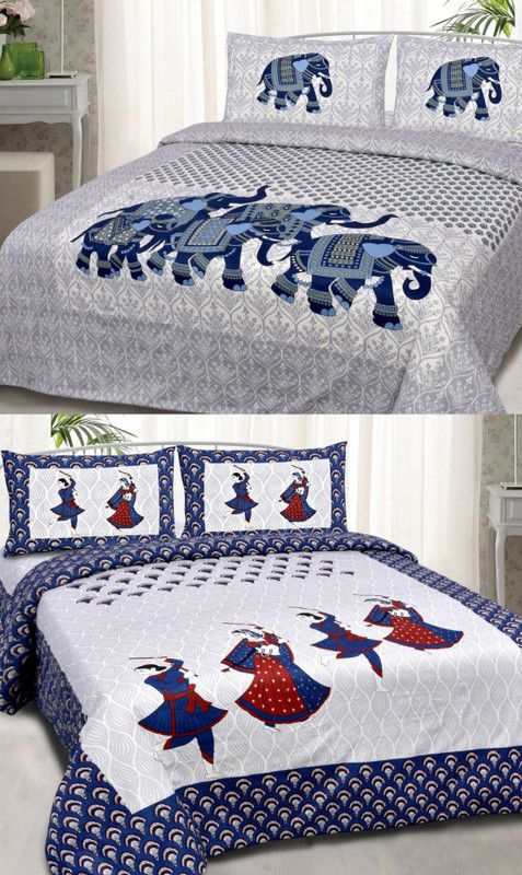SOMYA GEMS 190 TC Cotton Double Animal Flat Bedsheet  (Pack of 2, Grey, Blue)