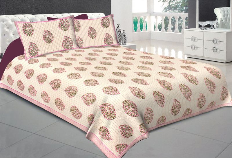 SSTF 440 TC Cotton Double Floral Flat Bedsheet  (Pack of 1, Peach)