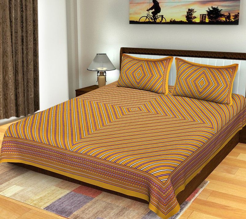 sleep-max décor 144 TC Cotton Double Jaipuri Prints Flat Bedsheet  (Pack of 1, Yellow)