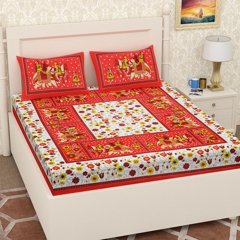 laxmi creation 150 TC Cotton Queen Jaipuri Prints Flat Bedsheet  (Pack of 1, Red)
