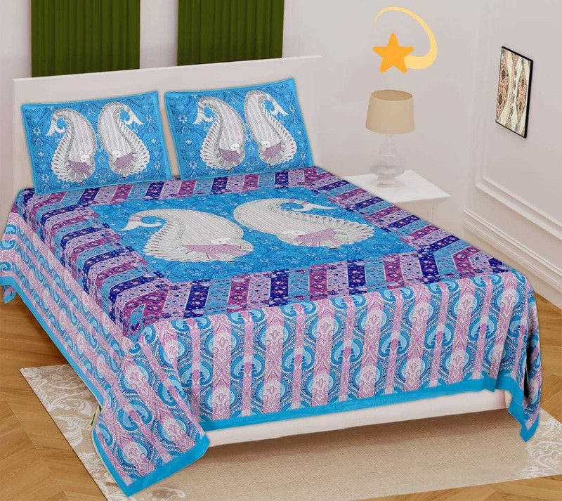 Kings Queens 144 TC Cotton Queen Printed Flat Bedsheet  (Pack of 1, Light Blue)