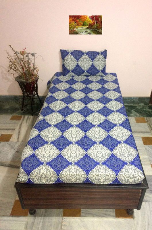 A&H 200 TC Cotton Single Printed Fitted (Elastic) Bedsheet  (Pack of 1, Blue)