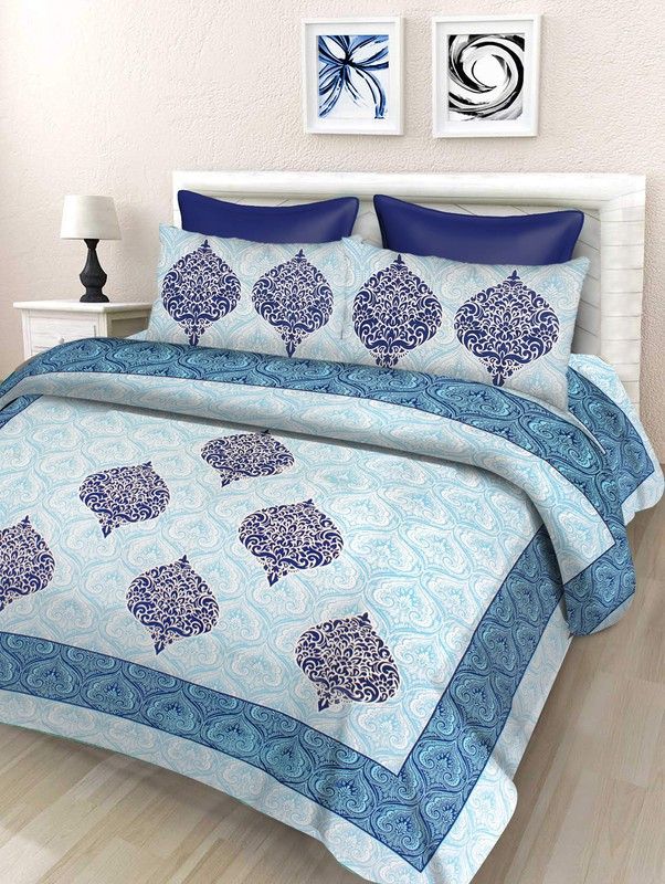 Lali Prints 165 TC Cotton Double Printed Flat Bedsheet  (Pack of 1, White, Blue)