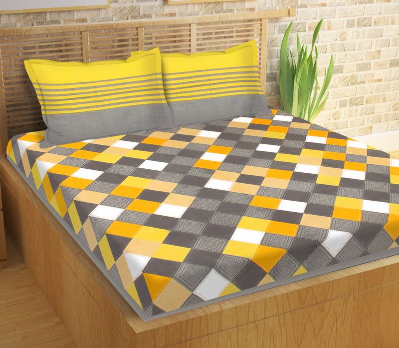 Lali Prints 140 TC Cotton Double Geometric Flat Bedsheet  (Pack of 1, Yellow, Grey, White)