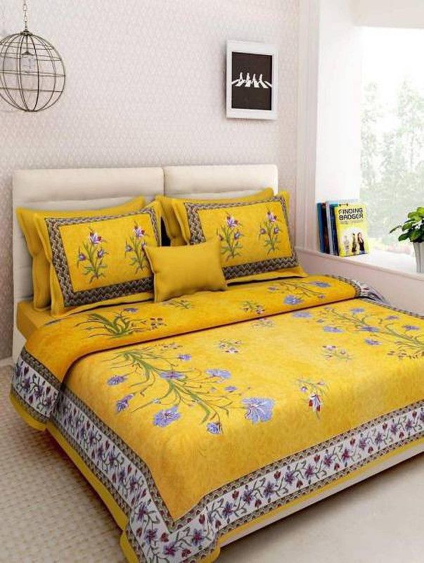 BEDD 144 TC Cotton Double Floral Flat Bedsheet  (Pack of 1, Yellow)