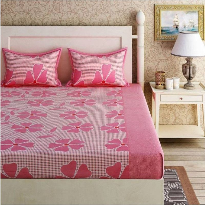 PRODUCTSCK 185 TC Microfiber Double Floral Flat Bedsheet  (Pack of 1, Pink)
