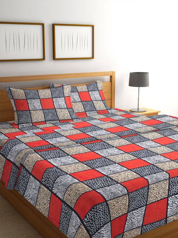 Raeffie 144 TC Polycotton Double Checkered Flat Bedsheet  (Pack of 1, RED+GREY)
