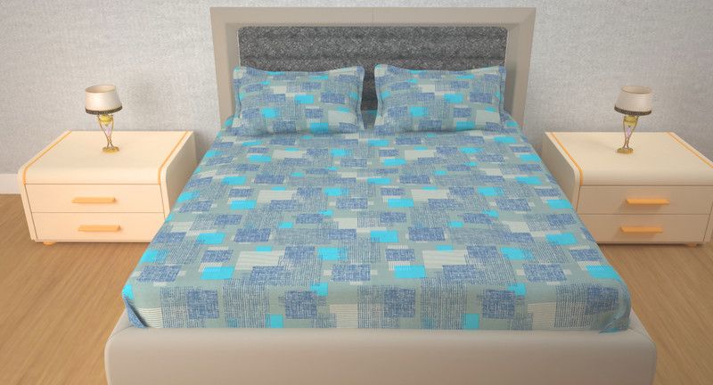 HOME PLUS STUDIO 120 TC Cotton Double Geometric Flat Bedsheet  (Pack of 1, Olive and Rama)