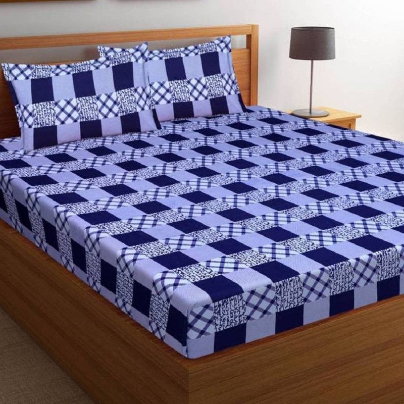 Twinkle Star's 200 TC Polycotton Double Checkered Flat Bedsheet  (Pack of 1, Blue)