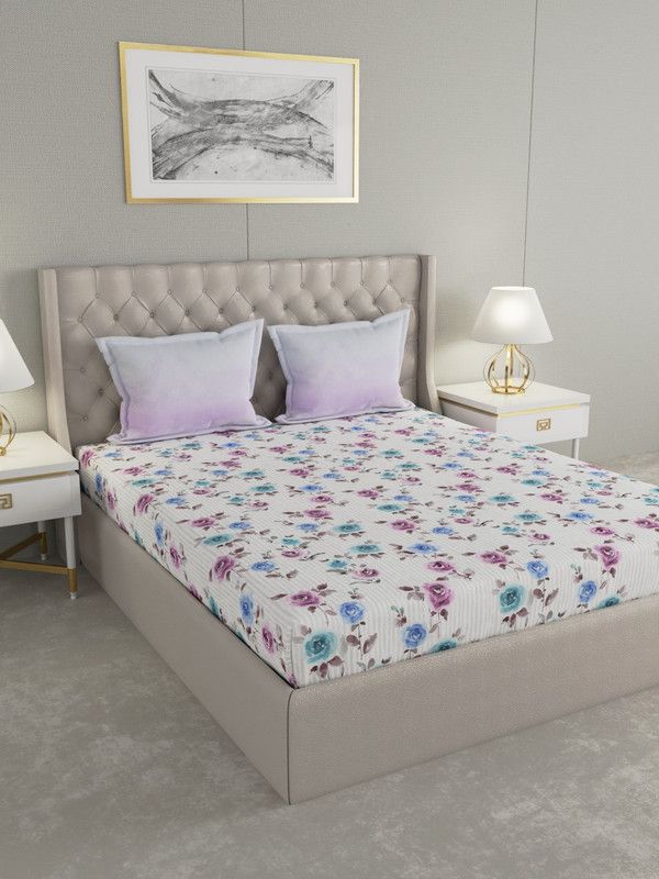 GMF 144 TC Cotton Double Floral Flat Bedsheet  (Pack of 1, White, Purple & Blue)