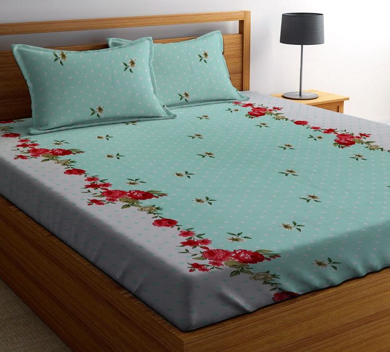 ZCI 220 TC Cotton Double Floral Flat Bedsheet  (Pack of 1, Green)