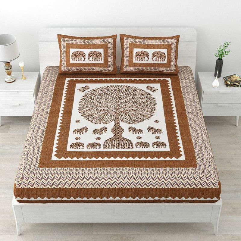 Homeline 144 TC Cotton Queen Jaipuri Prints Flat Bedsheet  (Pack of 1, Brown)