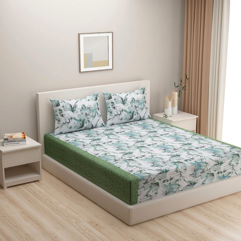SWAYAM 160 TC Cotton Double Floral Fitted (Elastic) Bedsheet  (Pack of 1, Green & White)