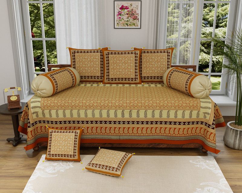 trency Cotton Floral Diwan Set  (Gold)