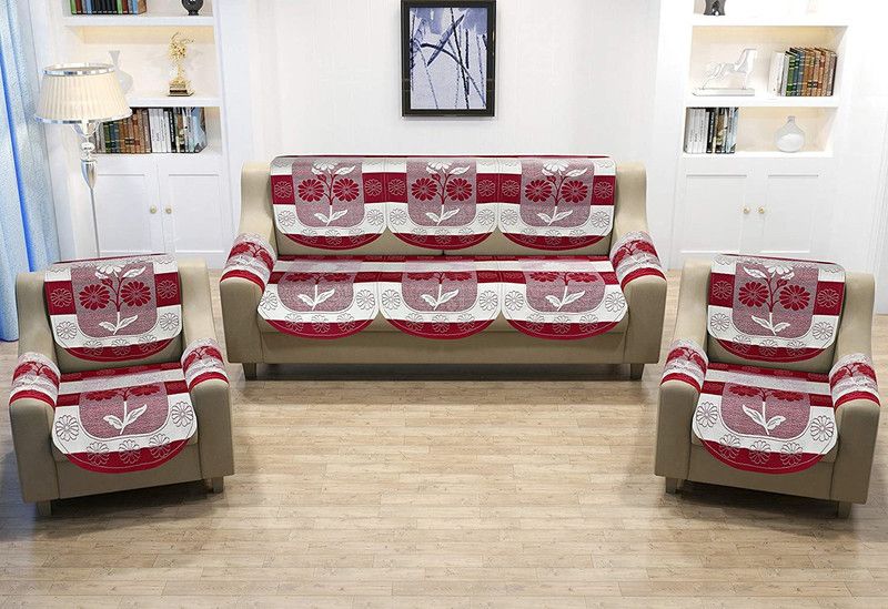 WYTOMAH Cotton Floral Sofa Cover  (Maroon, White Pack of 12)