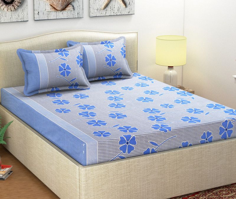BJP 104 TC Microfiber Double Printed Flat Bedsheet  (Pack of 1, Blue)
