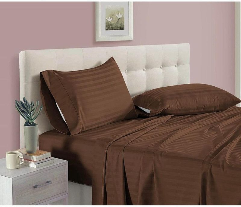 DANVIRA 220 TC Microfiber King Striped Fitted (Elastic) Bedsheet  (Pack of 1, Brown)