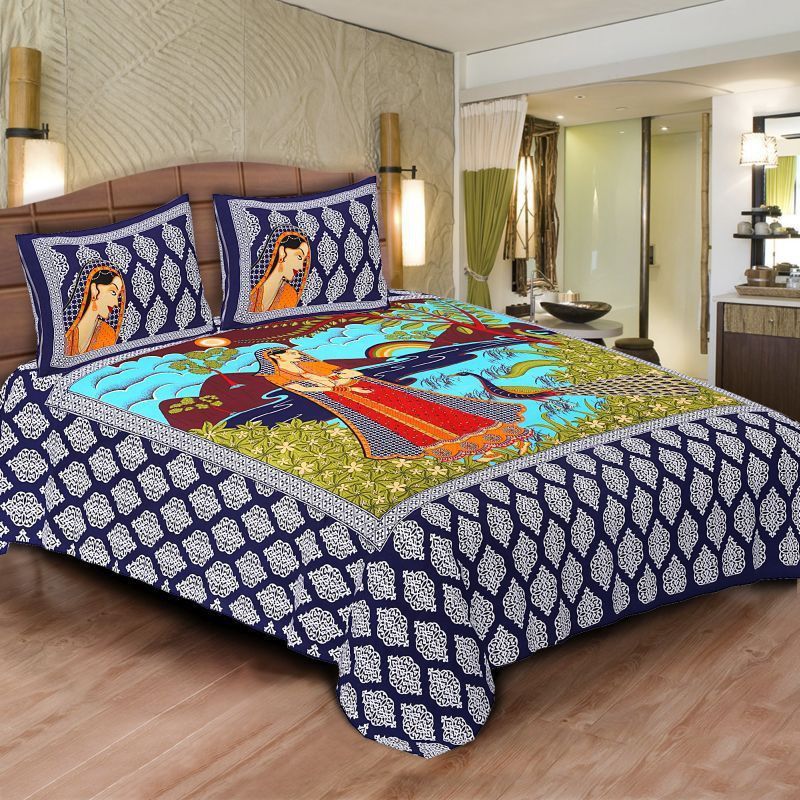 Pahnawa Cotton Double Printed Fitted (Elastic) Bedsheet  (Pack of 1, Dark Blue)