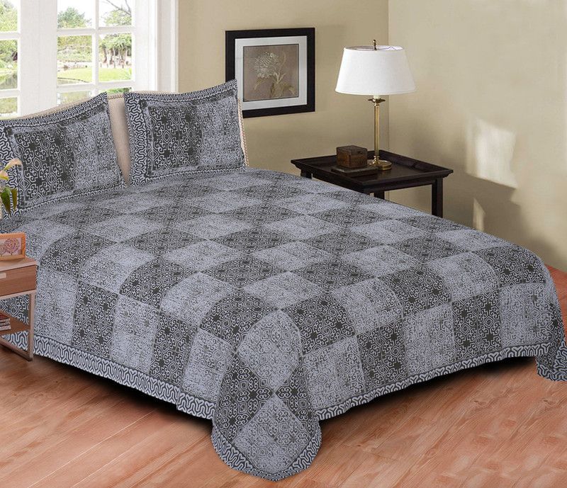 Go Texstylers 200 TC Cotton Double Jaipuri Prints Flat Bedsheet  (Pack of 1, Green, Grey)