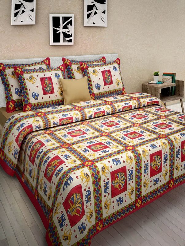 ANANYA 154 TC Cotton Double Printed Flat Bedsheet  (Pack of 1, Beige, Red, Green)