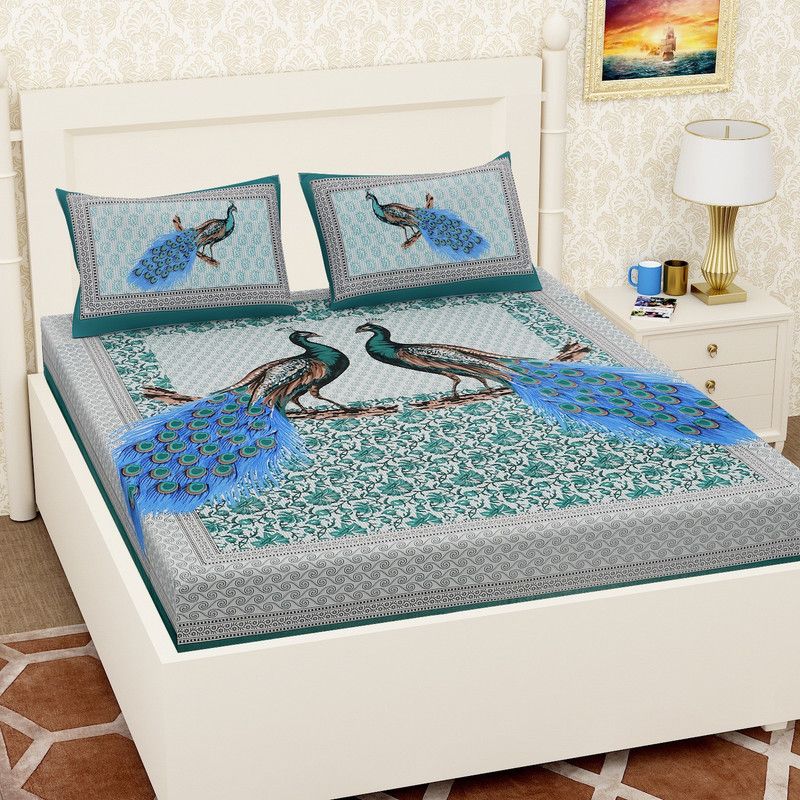 Welldeal 120 TC Cotton Double Printed Flat Bedsheet  (Pack of 1, Sea Green)