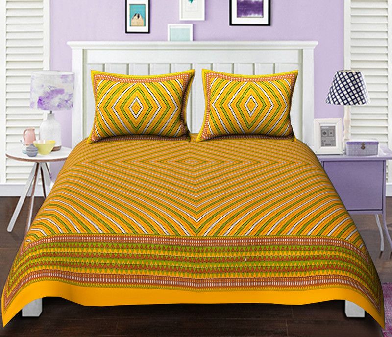 DJ 144 TC Cotton Double Printed Flat Bedsheet  (Pack of 1, Yellow)