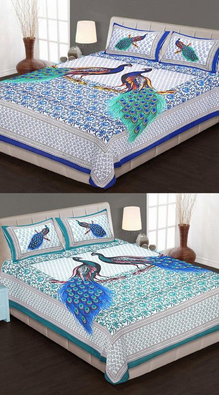 SOMYA GEMS 190 TC Cotton Double Jaipuri Prints Flat Bedsheet  (Pack of 2, Blue, Green)