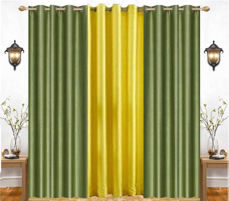 India Furnish 153 cm (5 ft) Polyester Semi Transparent Window Curtain (Pack Of 3)  (Plain, Green & Yellow)