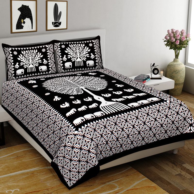 Satrim 280 TC Cotton King Jaipuri Prints Flat Bedsheet  (Pack of 1, Black)
