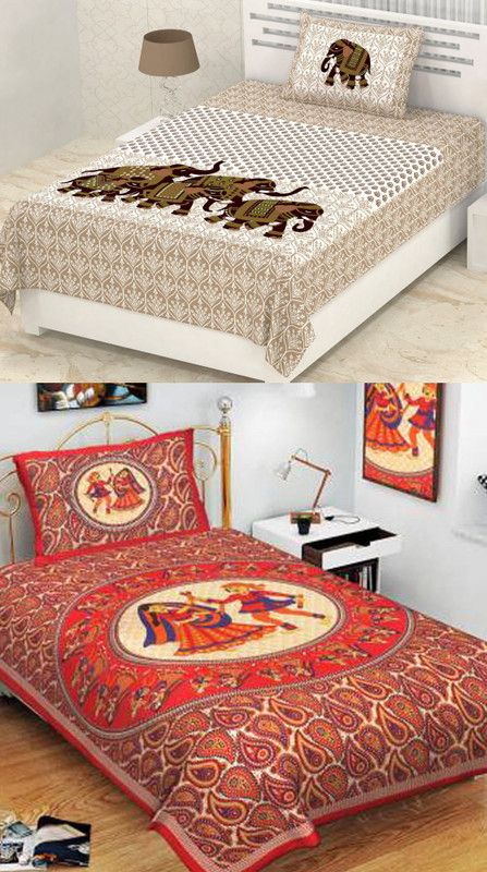 SOMYA GEMS 190 TC Cotton Double Animal Flat Bedsheet  (Pack of 2, Brown, Golden, Red, White)