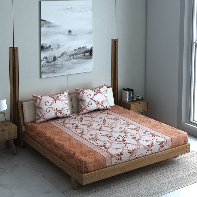WELHOME 150 TC Microfiber Queen Printed Flat Bedsheet  (Pack of 1, Peach)